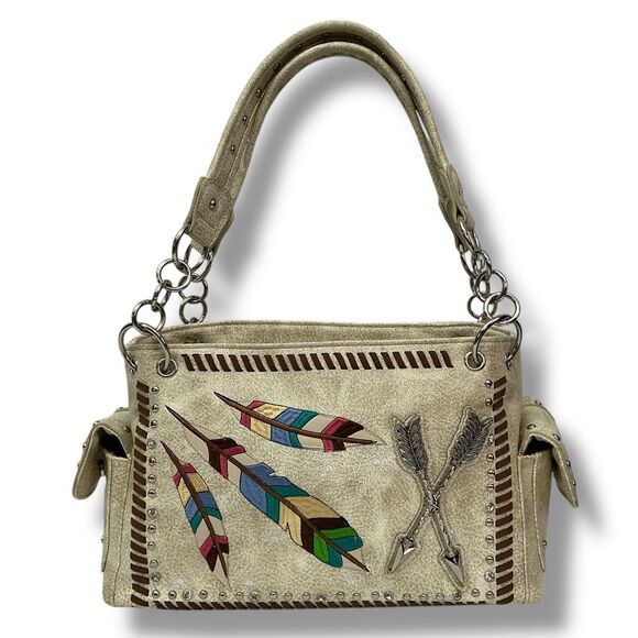 Tan Western Tooled Leather Embroidered Feather & Arrow Western Boho Shoulder Bag - Picture 1 of 9